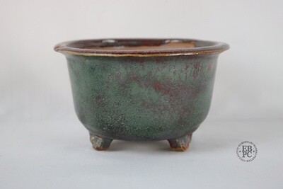Amdouni Bonsai Pots - 13.3cm; Round; Shohin; Excellent Glaze; Oxblood & Metallic Teal; Sculpted Feet; Sami Amdouni.