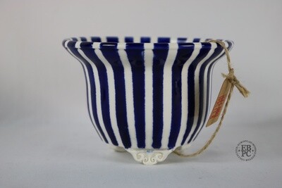 Amdouni Bonsai Pots - 11.7cm; Round; Porcelain; Striped Design; Dark Blue; Detailed Sculpted Feet; Sami Amdouni.