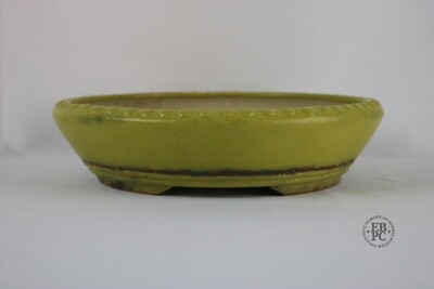 Ian Baillie - 24.5cm; Round; Drum Style; Superb Yellow Glaze; Greens; Basal Band; Rivets/Studs/ Excellent Piece!