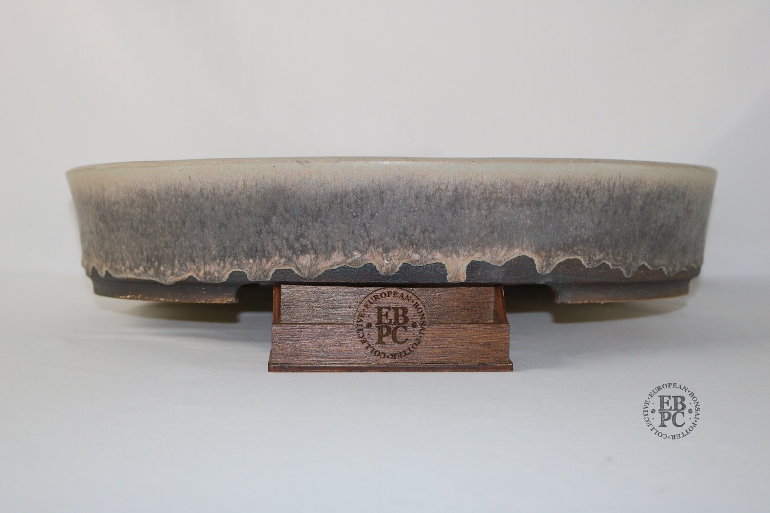 Walsall Studio Ceramics - Esther Griffiths.  39cm; Glazed; Oval; Intrictae Running Glaze;  Recessed Feet; Oxides; Grey; Pink; Browns.