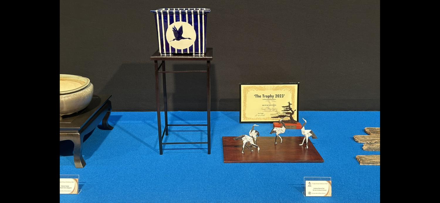 Amdouni Bonsai Pots - 22cm; Square; Porcelain; Striped Design; Dark Blue; Crane in Refief; Detailed Carved Feet; Sami Amdouni.