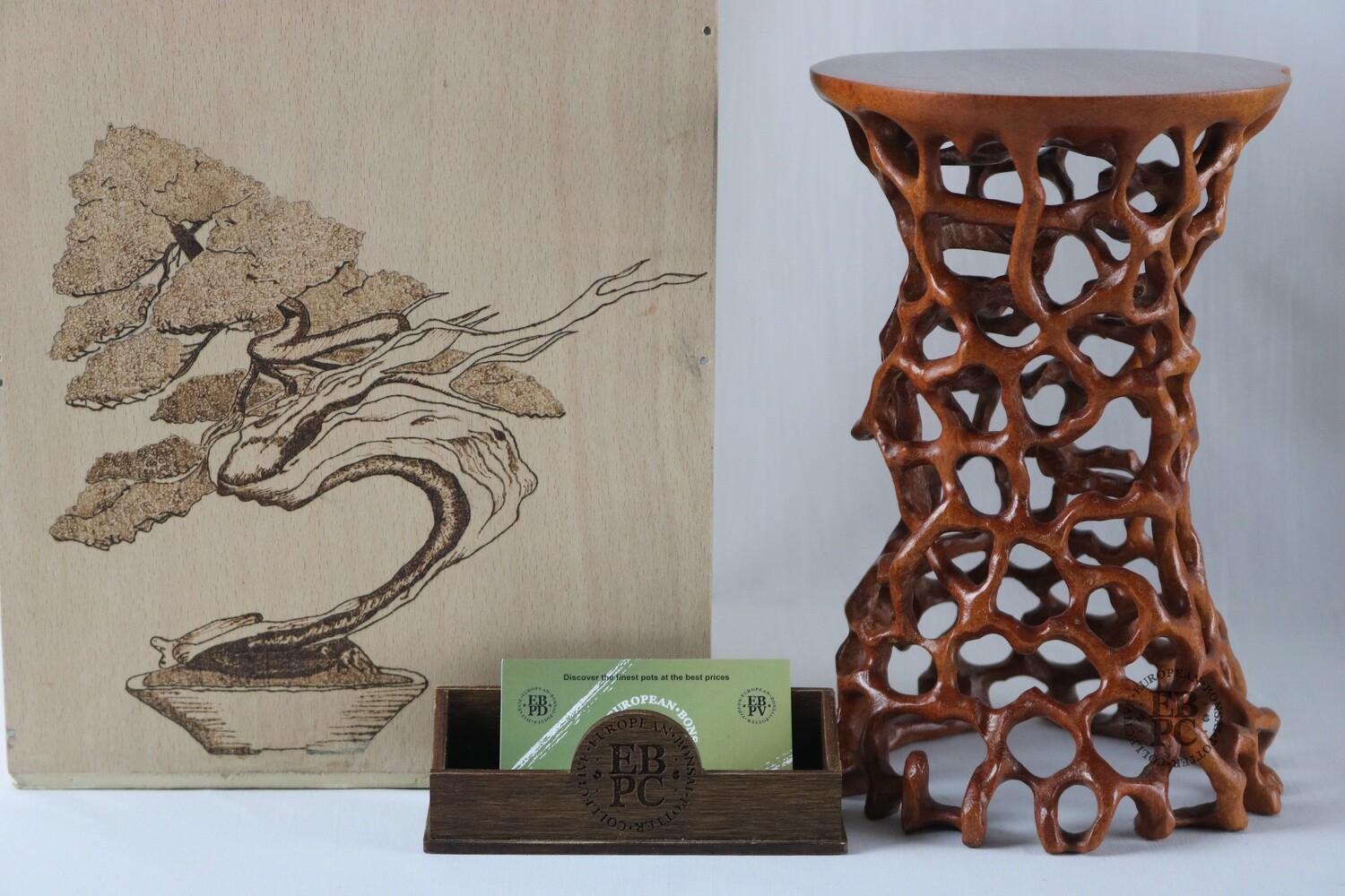 MSH Bonsai Stands - Ne Taku / Root Display Stand; 21cm Tall; IROKO African Hardwood; Handcrafted; Refined Oil & wax Finish; Boxed With Motif