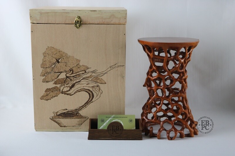 MSH Bonsai Stands - Ne Taku / Root Display Stand; 21cm Tall; IROKO African Hardwood; Handcrafted; Refined Oil &amp; wax Finish; Boxed With Motif