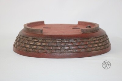 M. J. G. Ceramica - Unglazed; Oval; 25.3cm; Carved Brick/Basket Weave Design in Relief;  Polished Smooth; Reddish-Brown Clay; Maria Jose Gonzalez