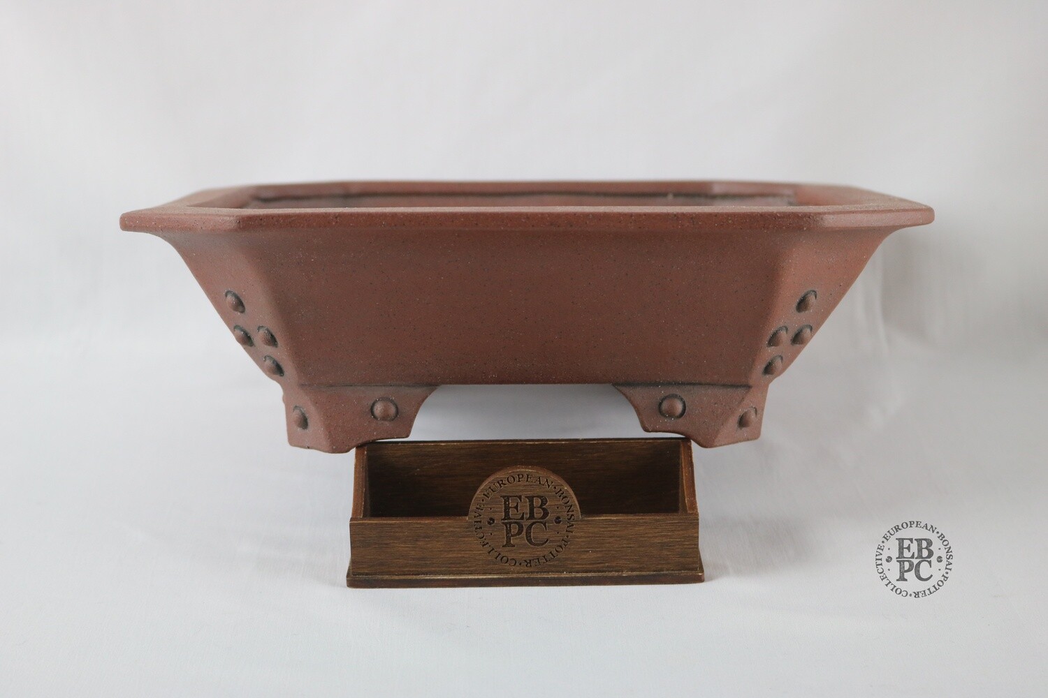 Stone Monkey Ceramics - 27.3cm; Square Drum Pot; &#39;Angular Geometry&#39; Design; Unglazed; Reddish Clay; Feature Stud Details; Bloating to One Front; EBPC Stamped; Andrew Pearson