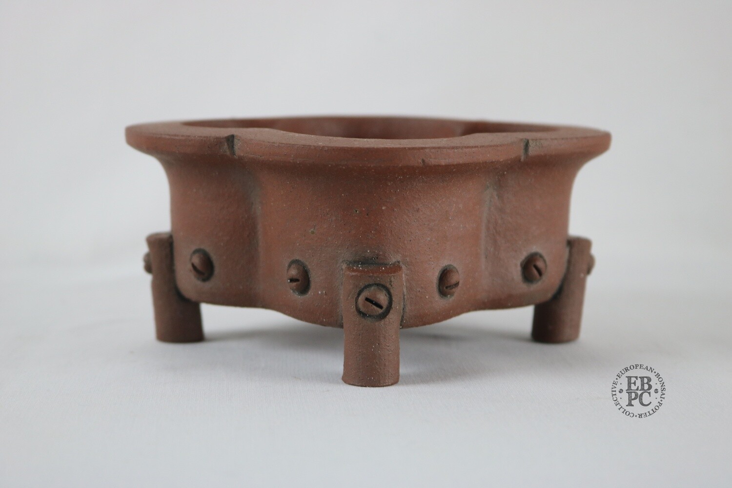Stone Monkey Ceramics - 14.1cm; Shohin Pot; 'Tubular Mokko' Design; Unglazed; Reddish Clay; Feature Screw Details; EBPC Stamped; Andrew Pearson
