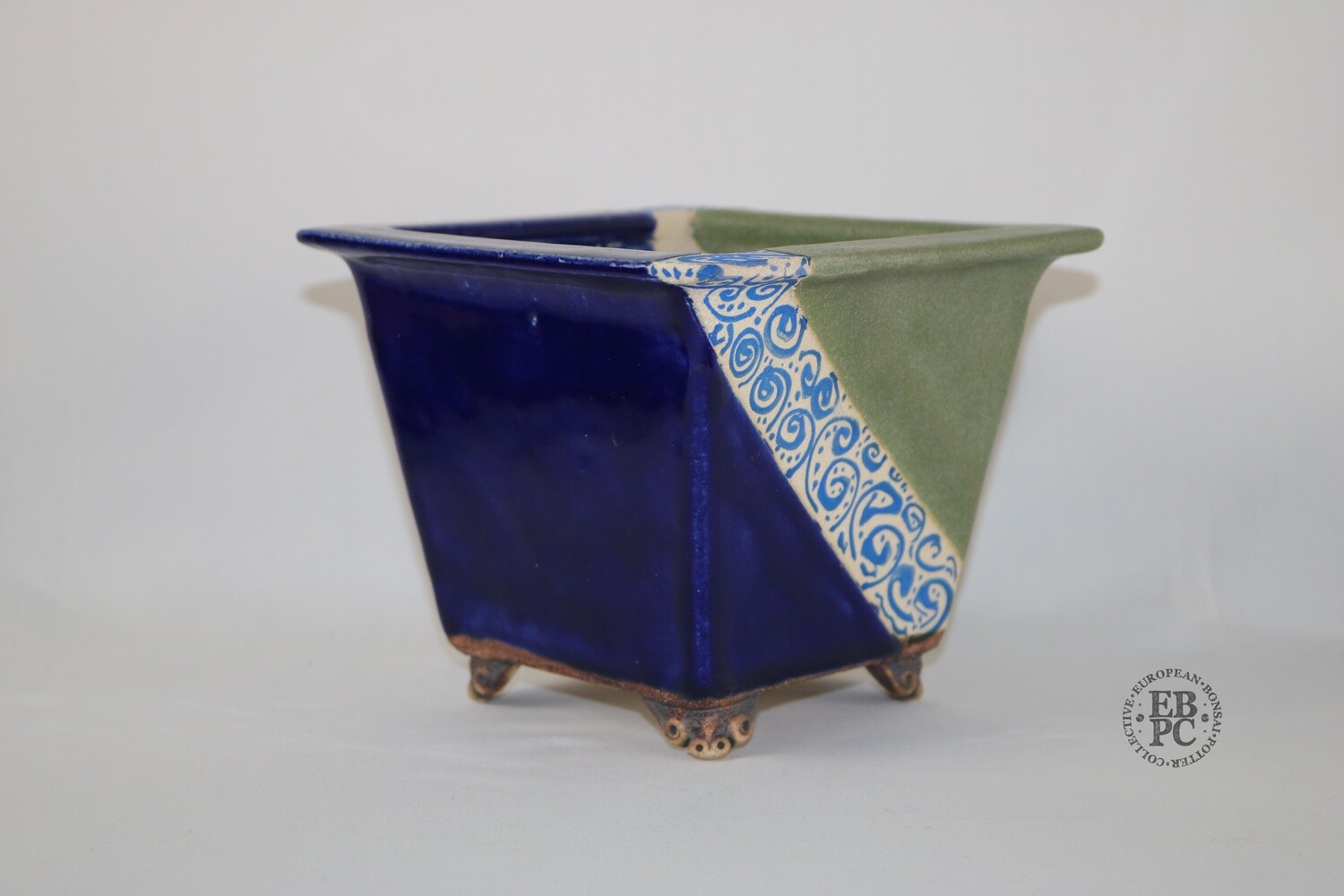 Stone Monkey Ceramics - 15.5cm; Square Cascade Pot; &#39;Satomi Inspired&#39; Design; Glazed; Painted; Cloud Feet; EBPC Stamped; Andrew Pearson