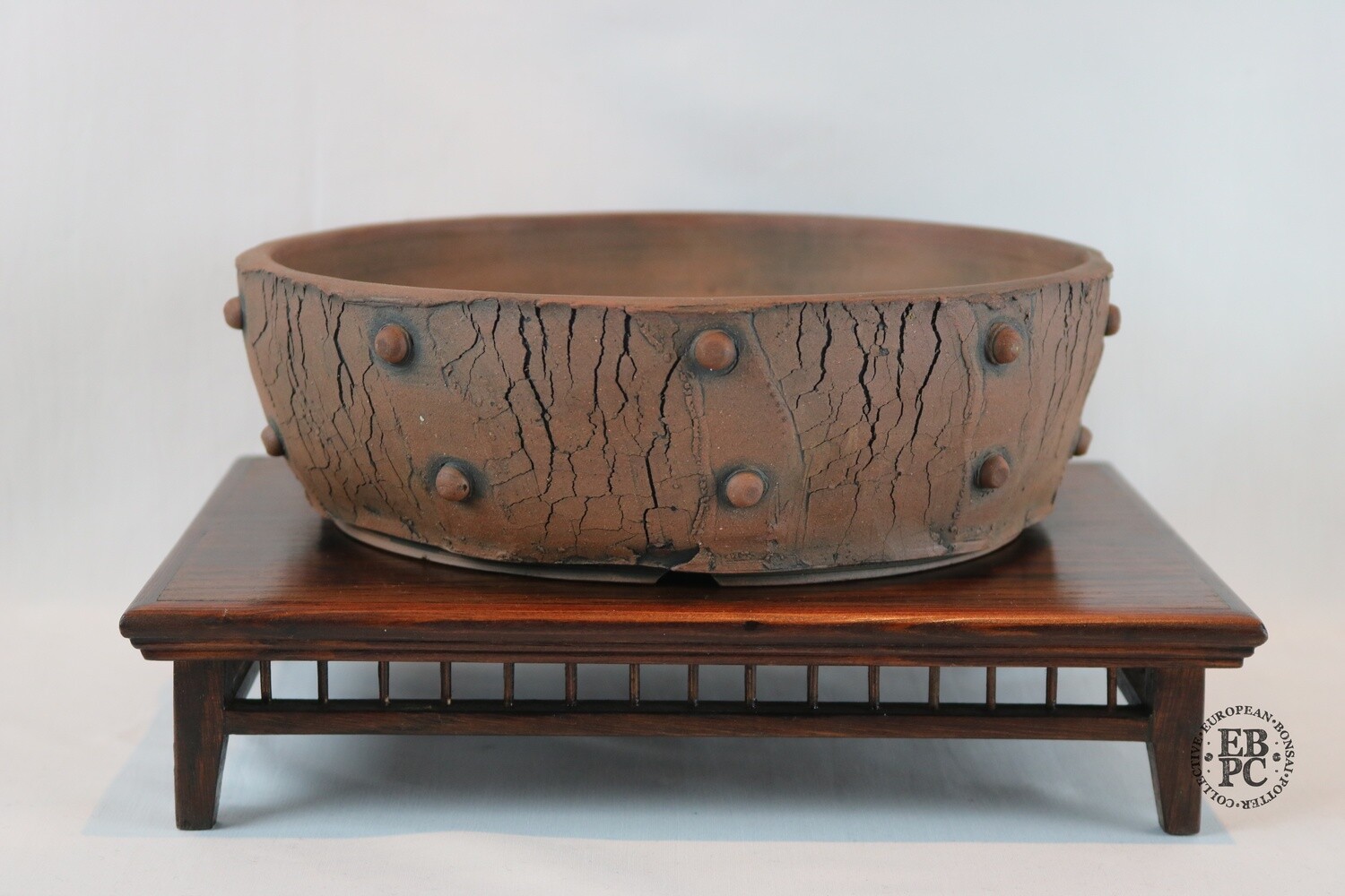 Paul Rogers Ceramics - 25cm; Unglazed; Round; Drum Style; Crackle Finish; Studded Pattern; Browns; EBPC Stamped;