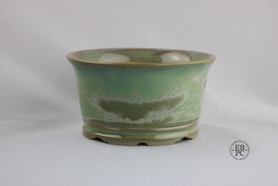 Flow Studio, Belgium - 14.3cm; Round; Crystalline Glaze; Greens; Browns; Purple; Carved Base; EBPC Stamped; Jurgen Robyns