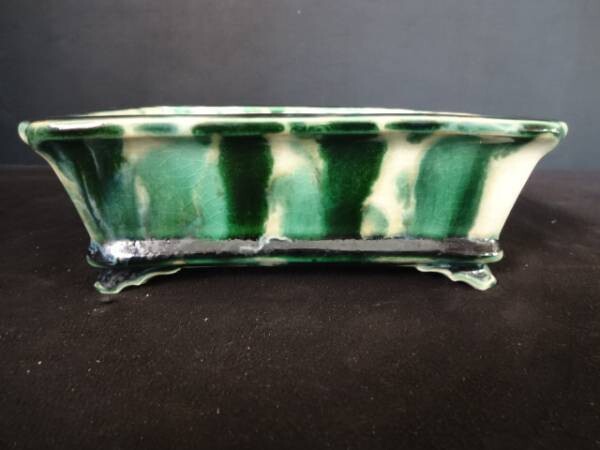 Shunka Seizan; Japan. 16.6cm; Rectangle; Carved from a Block of Clay; Excellent Detailing; Glazed; White &amp; Green Crackle Glaze; Stamped by Artist