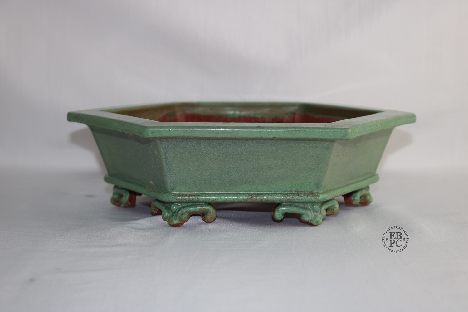 Ilker Durak Bonsai Pots.  26.5cm; Hexagon; Glazed; Pastel Green; Sculpted Feet; Handmade in Turkey.