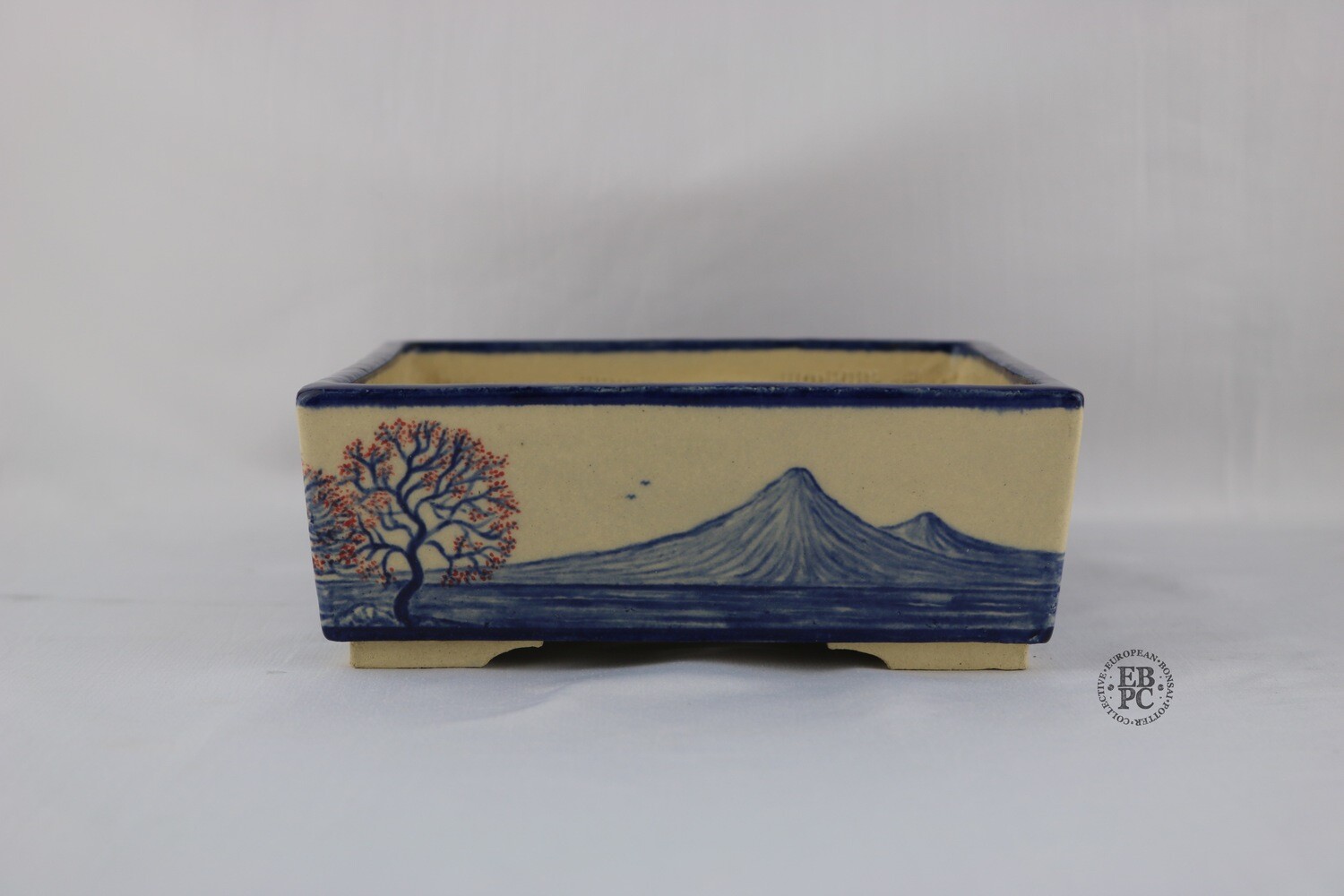 Ilker Durak Bonsai Pots.  16cm; Square; Detailed Landscape Paintings; Cream/White; Blue; Red; Recessed Feet; Handmade in Turkey.