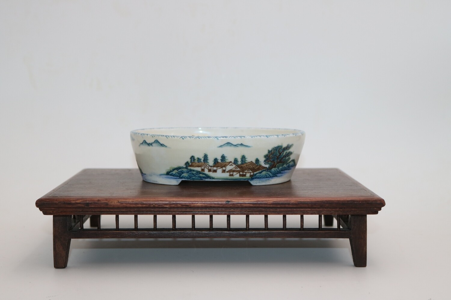 Yuki Shoseki; Japan. 16.2cm; Oval; Porcelain; Rare Design; Painted; Greens, Browns and Blues; Stamped By Artist.