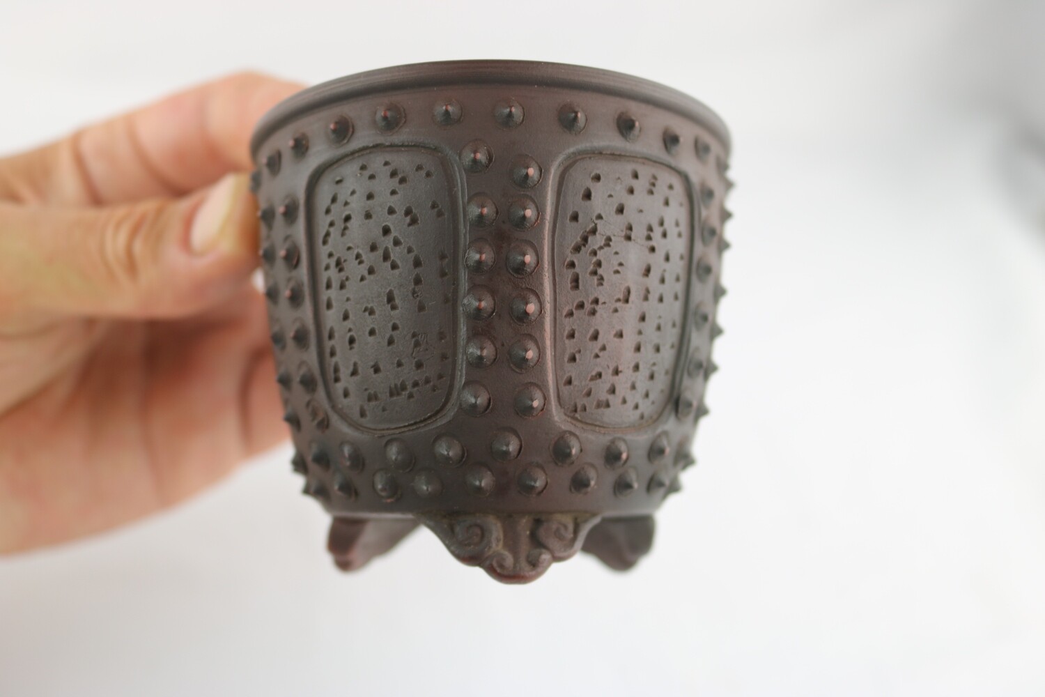 Bigei; Japan. 9.1cm; Round; Unglazed; Studded Design; Stamped By Artist;