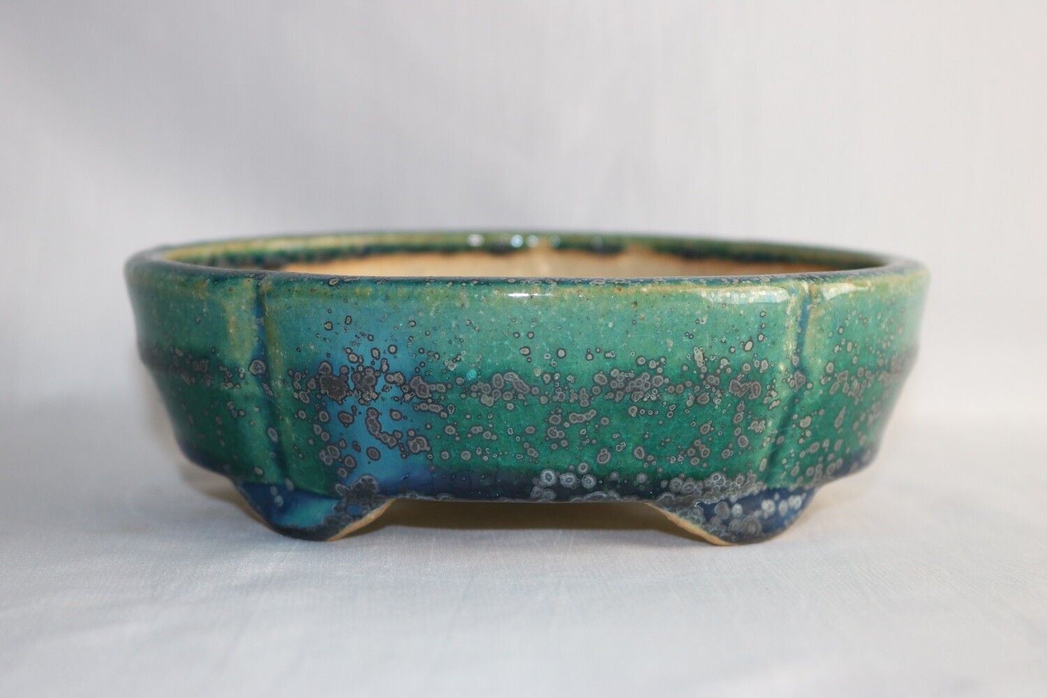 Koyo - 1st Generation. Aiba Kouichirou; Tokoname, Japan. 16.1cm; Mokko; Glazed; Oribe; Green; Blue; Crystal Formations.