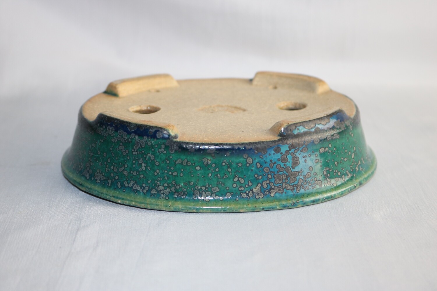 Koyo - 1st Generation. Aiba Kouichirou; Tokoname, Japan. 16.4cm; Oval; Glazed; Oribe; Green; Blue; Crystal Formations.
