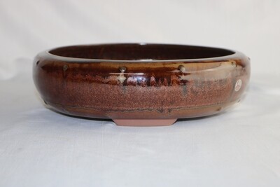 Willow Bonsai Pots, S.Africa -  23cm; Round; Drum Style; 'Dark Honey' Glaze; Shades of Brown; Recessed Feet; EBPC Stamped.