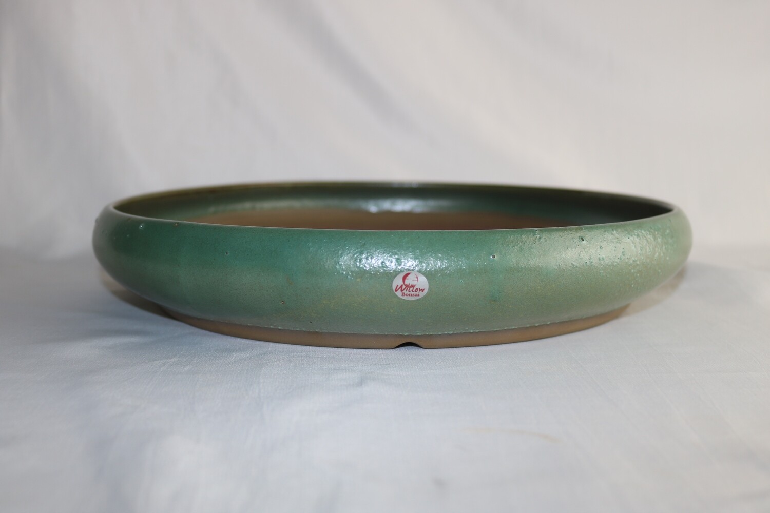 Willow Bonsai Pots, S.Africa -  31.5cm; Round; &#39;Seaweed&#39; Glaze; Shades of Green; Recessed Feet; EBPC Stamped.