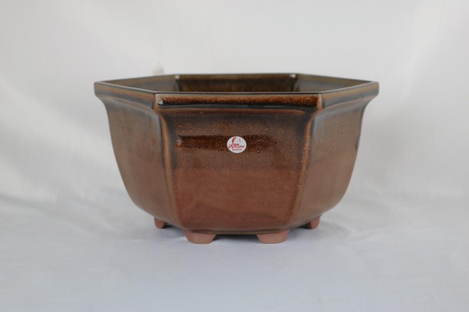 Willow Bonsai Pots. 23.1cm; Hexagonal; Semi Cascade; 'Copper' Glaze; Browns; Made in South Africa.
