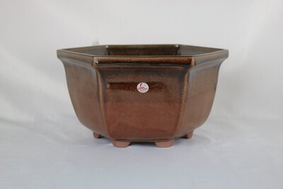 Willow Bonsai Pots.  23.1cm; Hexagonal; Semi Cascade; 'Copper' Glaze; Browns; Made in South Africa.