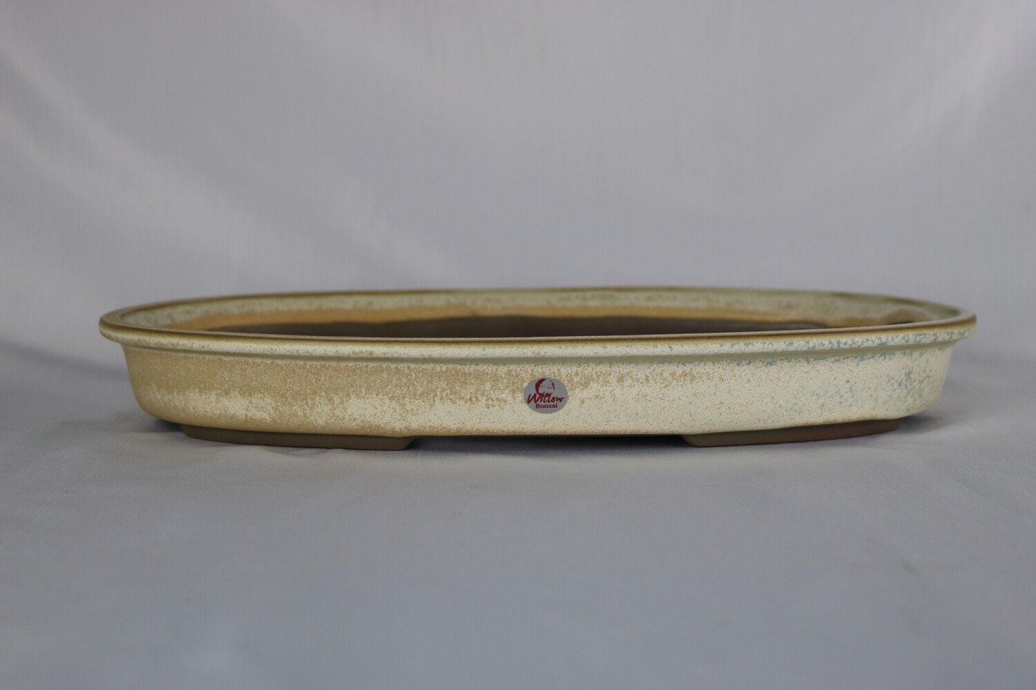Willow Bonsai Pots.  31cm; Oval; Forest Style; &#39;Cappuccino&#39; Glaze; Cream; Light Blue; Recessed Feet; Made in South Africa.
