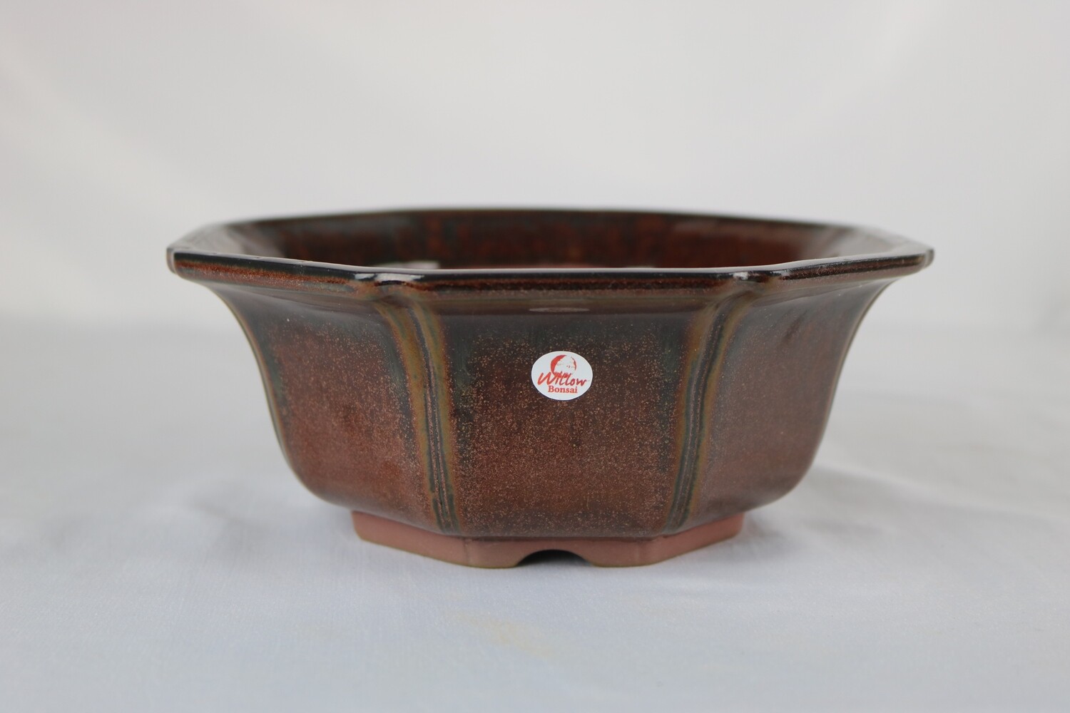 Willow Bonsai Pots, S.Africa -  Octagonal (8 sided) Pot; Great Design; Intricate &#39;Dark Honey&#39; Glaze; Brown, Reddish Tones; Recessed feet; EBPC stamped.