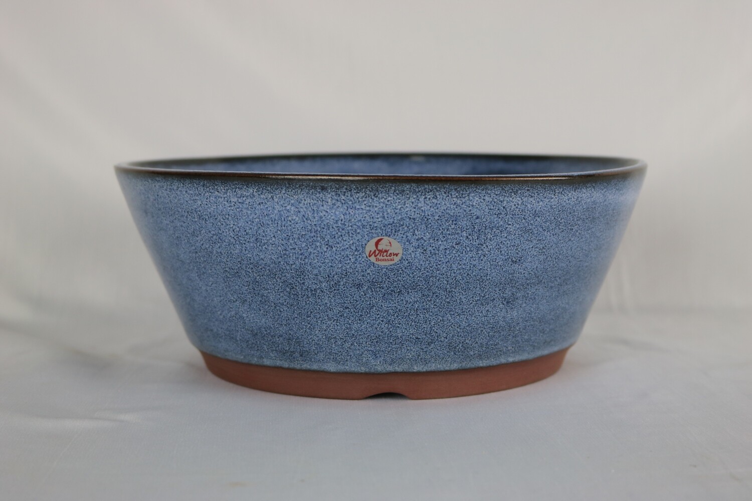 Willow Bonsai Pots, S.Africa -  23.8cm; Round; Semi Cascade Style; &#39;Denim&#39; Glaze; Blues; Browns; Recessed Feet; EBPC Stamped.