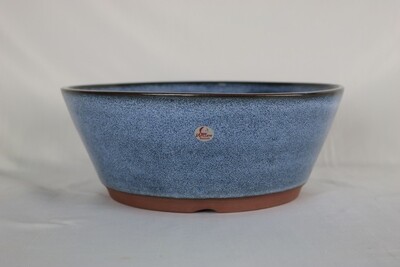 Willow Bonsai Pots, S.Africa -  23.8cm; Round; Semi Cascade Style; 'Denim' Glaze; Blues; Browns; Recessed Feet; EBPC Stamped.