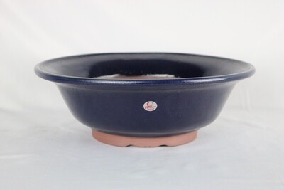 Willow Bonsai Pots, S.Africa -  25.3cm; Round; Semi Cascade Style; 'Ruri' Glaze; Dark Blue; Recessed Feet; EBPC Stamped.