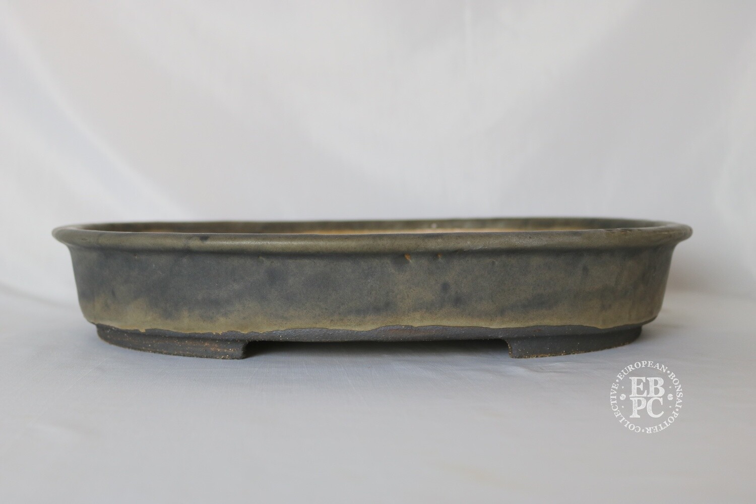 Walsall Studio Ceramics - &#39;Bryan Albright pot by Esther Griffiths&#39;.  38.7cm; Oval; Glazed; Thick Glaze; Lip to Rim; Recessed Feet; Light Browns; Dark Charcoal Grey.