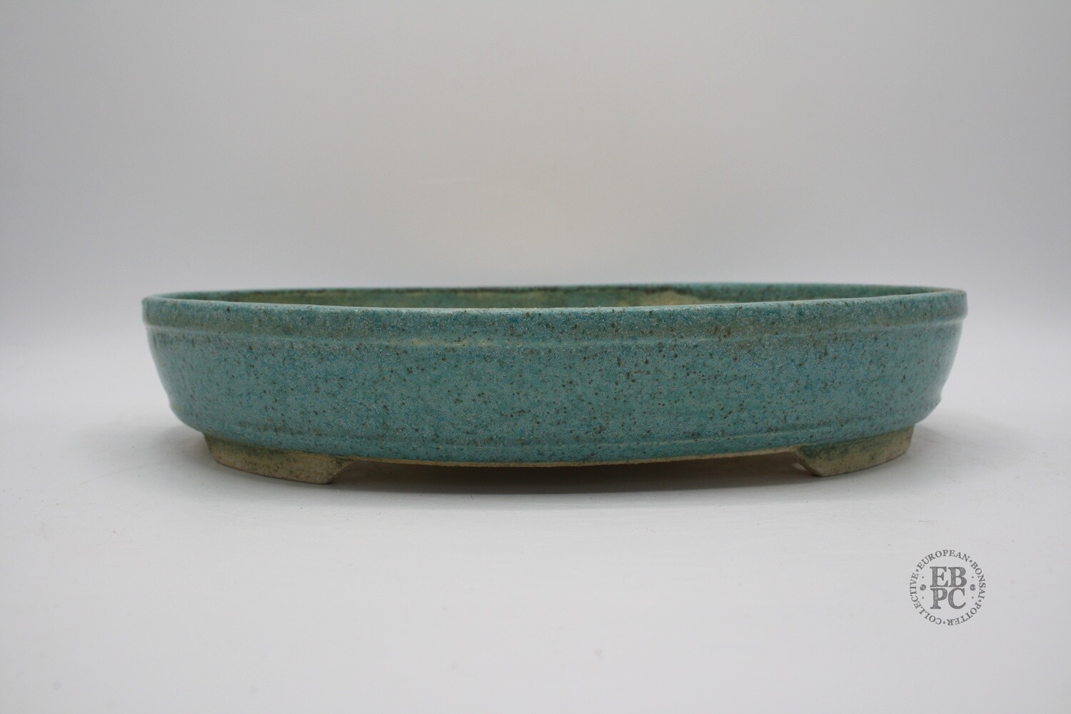 Shibusa Bonsai Pots - Italy. 28.5cm; Banded Oval Design; White Stoneware Clay; Thrush Egg Glaze; Mottled Green; EBPC Stamped. * EBPC-DIRECT *- Shipped by the artist. Lorenzo Penello - Italy.