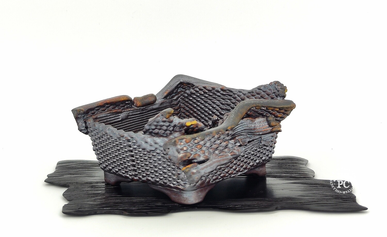Igor Carino - Italy.  12cm; Deformed Square; Innovative 3D Printed Techniques; Wood-Fired; Culmination of 10 Years Research; Gafu-ten Winner; Natural Ash Deposit Glaze.  *EBPC DIRECT