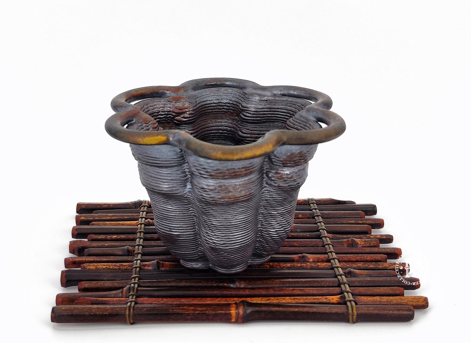 Igor Carino - Italy.  13.7cm; 6-Lobed Rinka; Feature Separated Rim; Innovative 3D Printed Techniques; Wood-Fired; Culmination of 10 Years of Research; Gafu-ten Win&#39;g Design; Natural Ash Deposit Glaze.