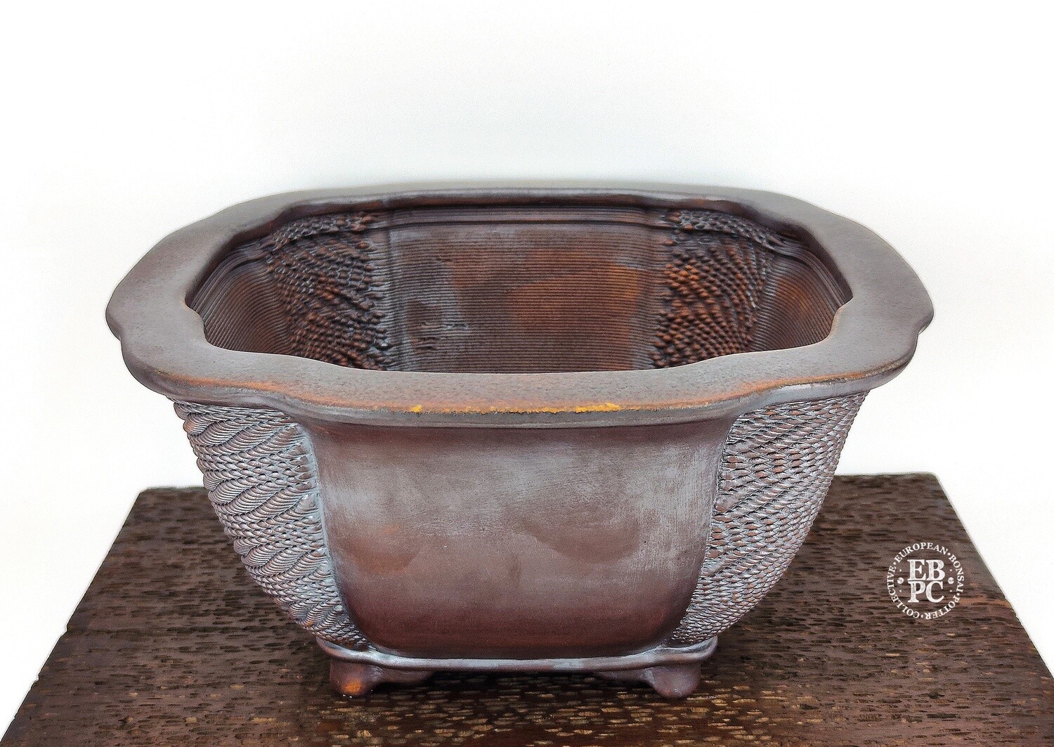 Igor Carino - Italy.  32cm; Large Square; Innovative 3D Printed Techniques; Wave Pattern Sides; Wood-Fired; Culmination of 10 Years Research; Gafu-ten Winner; Natural Ash Deposit Glaze. *EBPC DIRECT