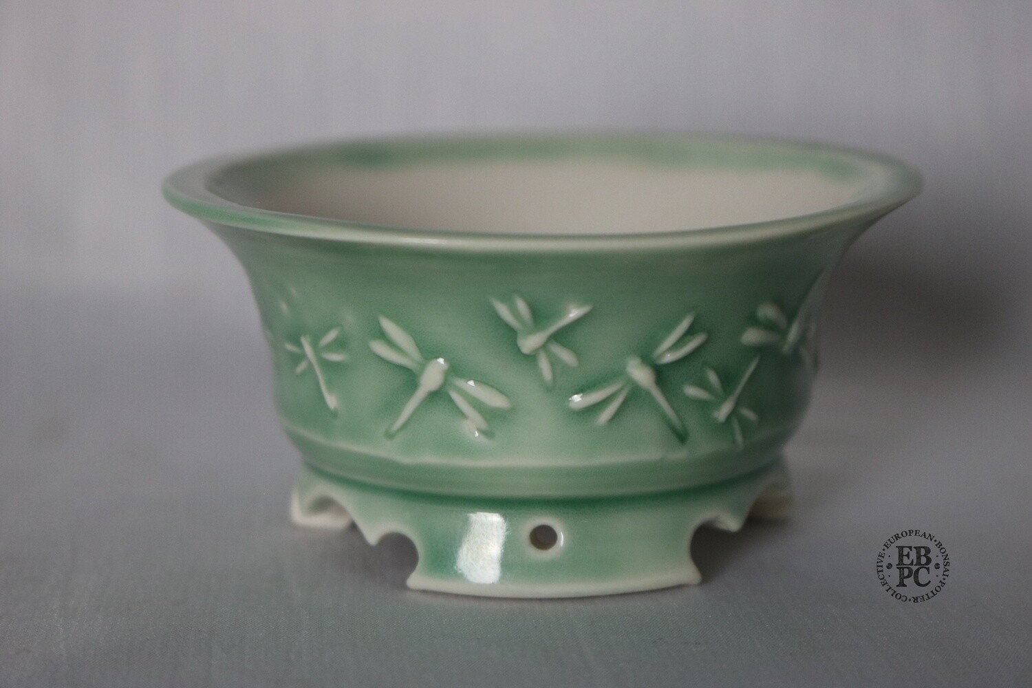 Amdouni Bonsai Pots - 10.5cm; Carved in Relief; Dragonflies; Celadon; Glazed; Round; Sami Amdouni;