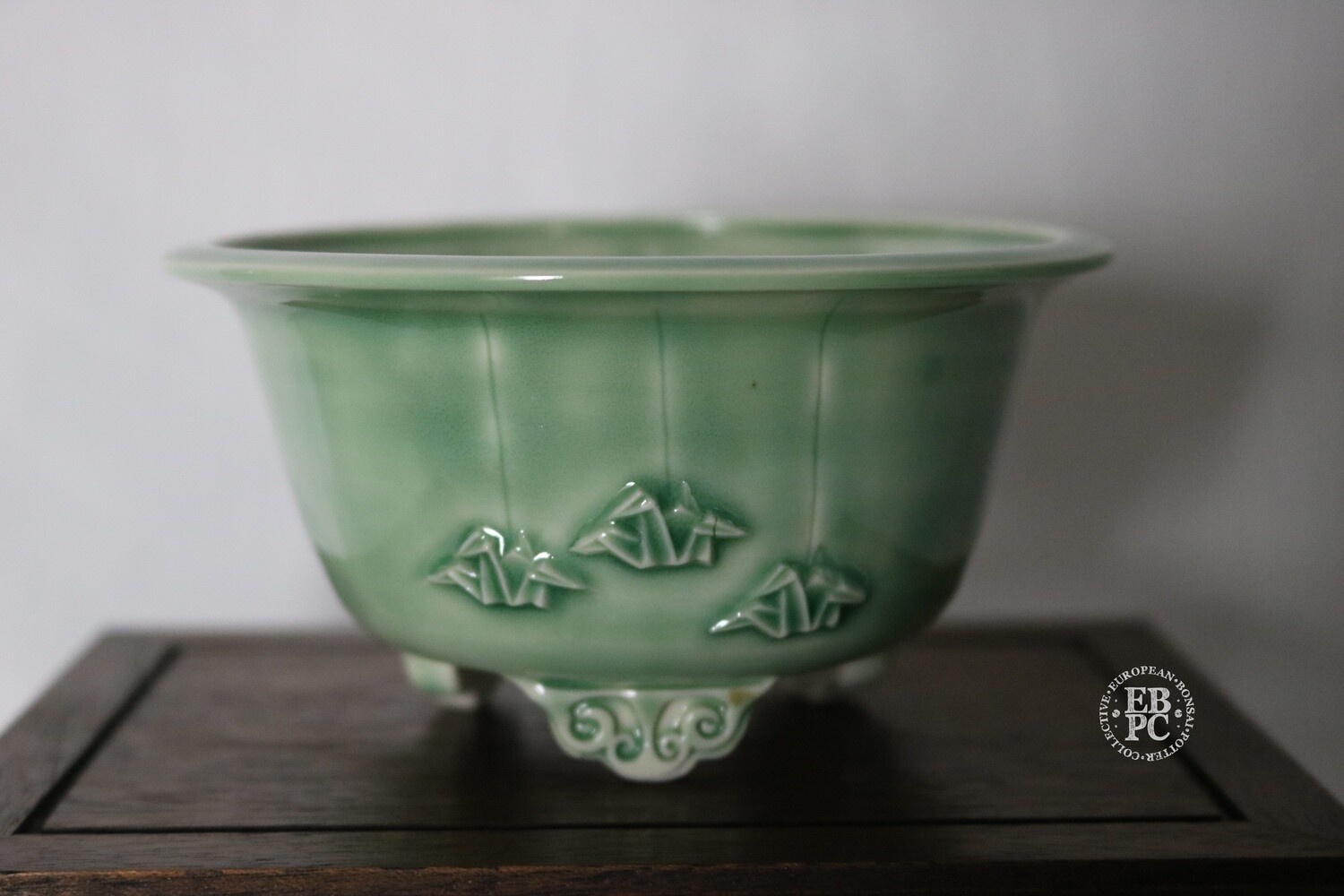 Amdouni Bonsai Pots - 11.7cm; Carved in Relief; Origami Cranes; Celadon; Glazed; Round; Sami Amdouni;