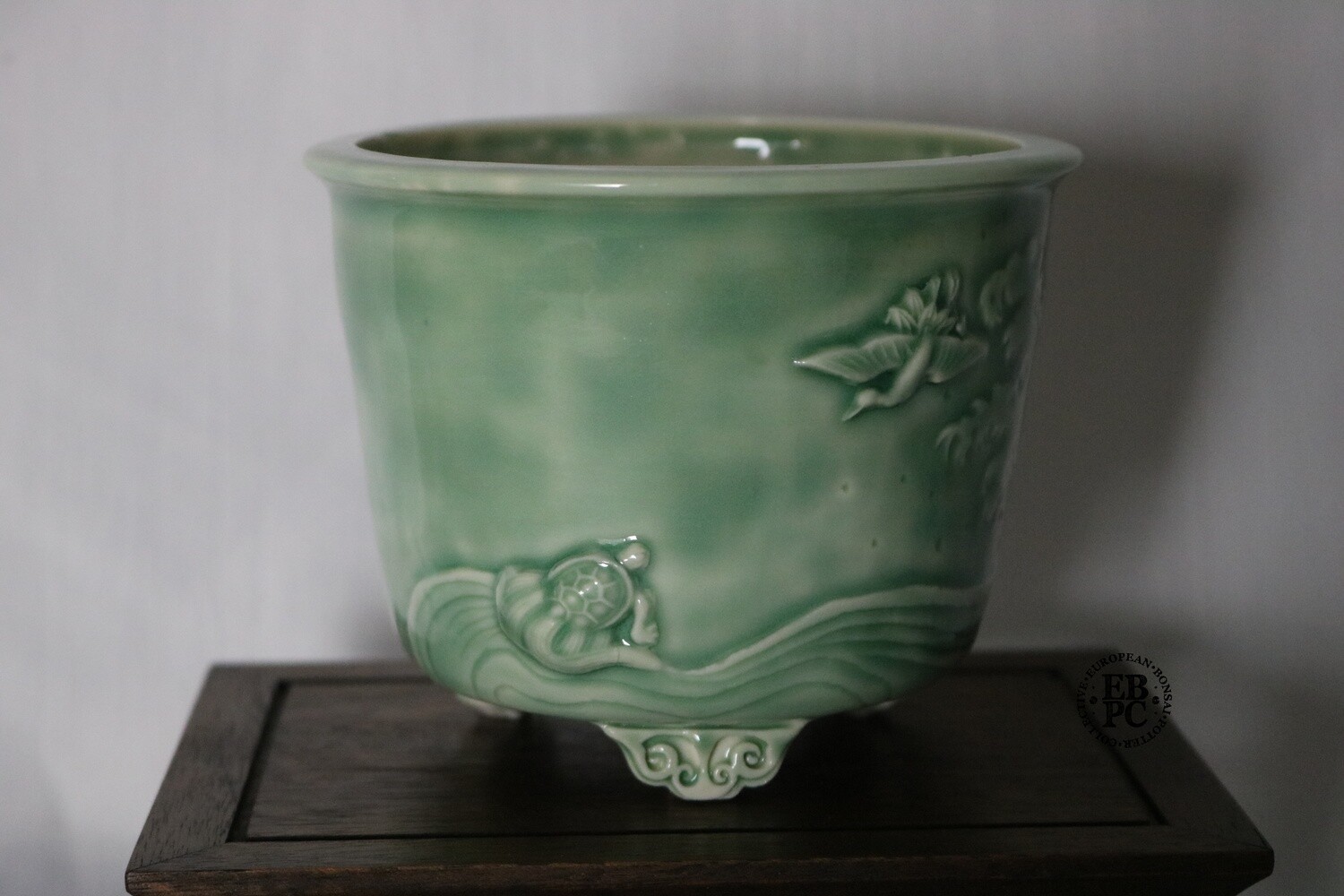 Amdouni Bonsai Pots - 11.8cm; Carved in Relief; &#39;Waves&#39;; Bird &amp; Turtle; Celadon; Glazed; Round; Sami Amdouni;