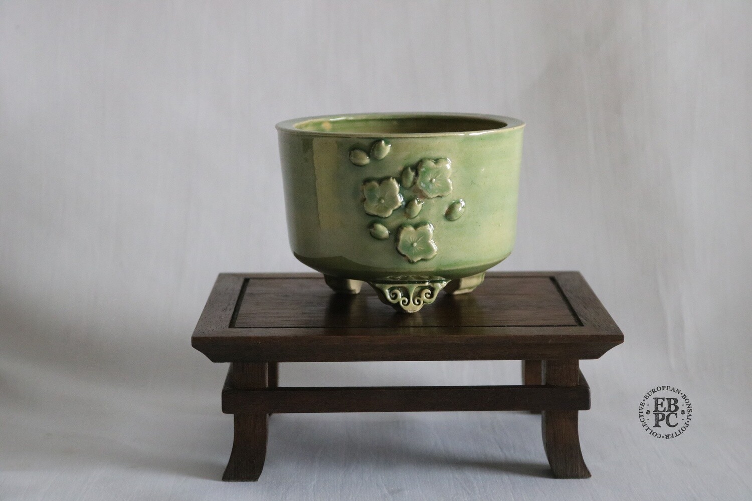 Amdouni Bonsai Pots - 10.3cm; Flowers &amp; Buds Design; Darker Celadon; Glazed; Round; Sami Amdouni;