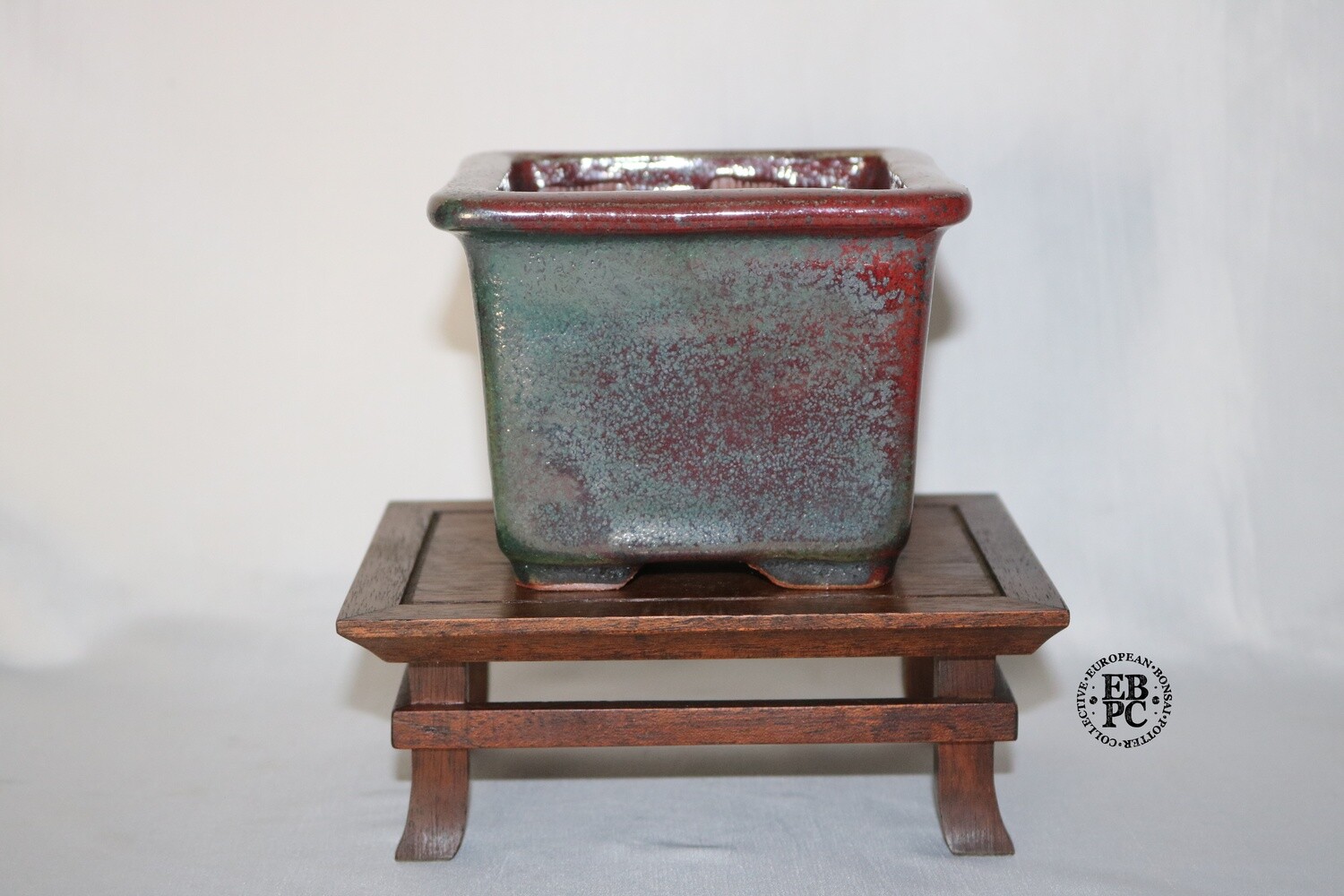 Amdouni Bonsai Pots - 12cm; Square; Shohin; Excellent Glaze; Oxblood &amp; Metallic Teal; Crystal Formatioms; Sculpted Feet; Sami Amdouni.