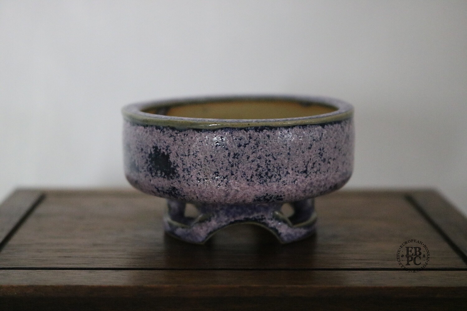 Amdouni Bonsai Pots - 7.1cm; Glazed; Round; Crystal Formations; Purple / Blue; Carved Rim Profile; Excellent Carved Feet; Sami Amdouni