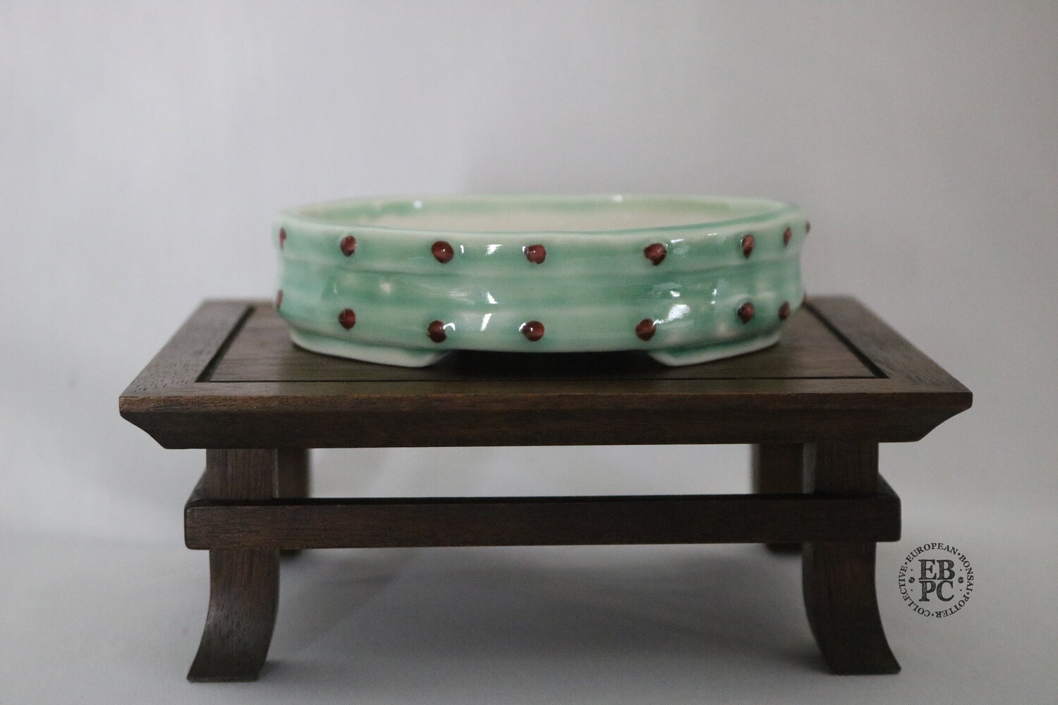 Amdouni Bonsai Pots - 11.5cm; Porcelain; Glazed; Oval; Celadon Green; Red; Rivets; Made by Sami Amdouni.