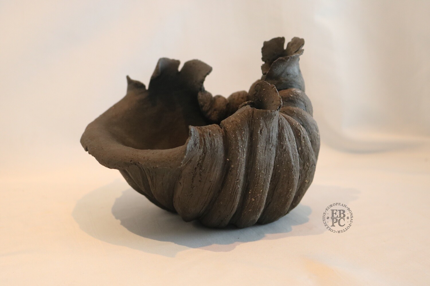 Ioannis Makris Bonsai Pots.  18.5cm; Freeform Bonsai Pot; Sculptural Design; Rock-like Texture; Excellent Flow; Charcoal Grey; Greece.