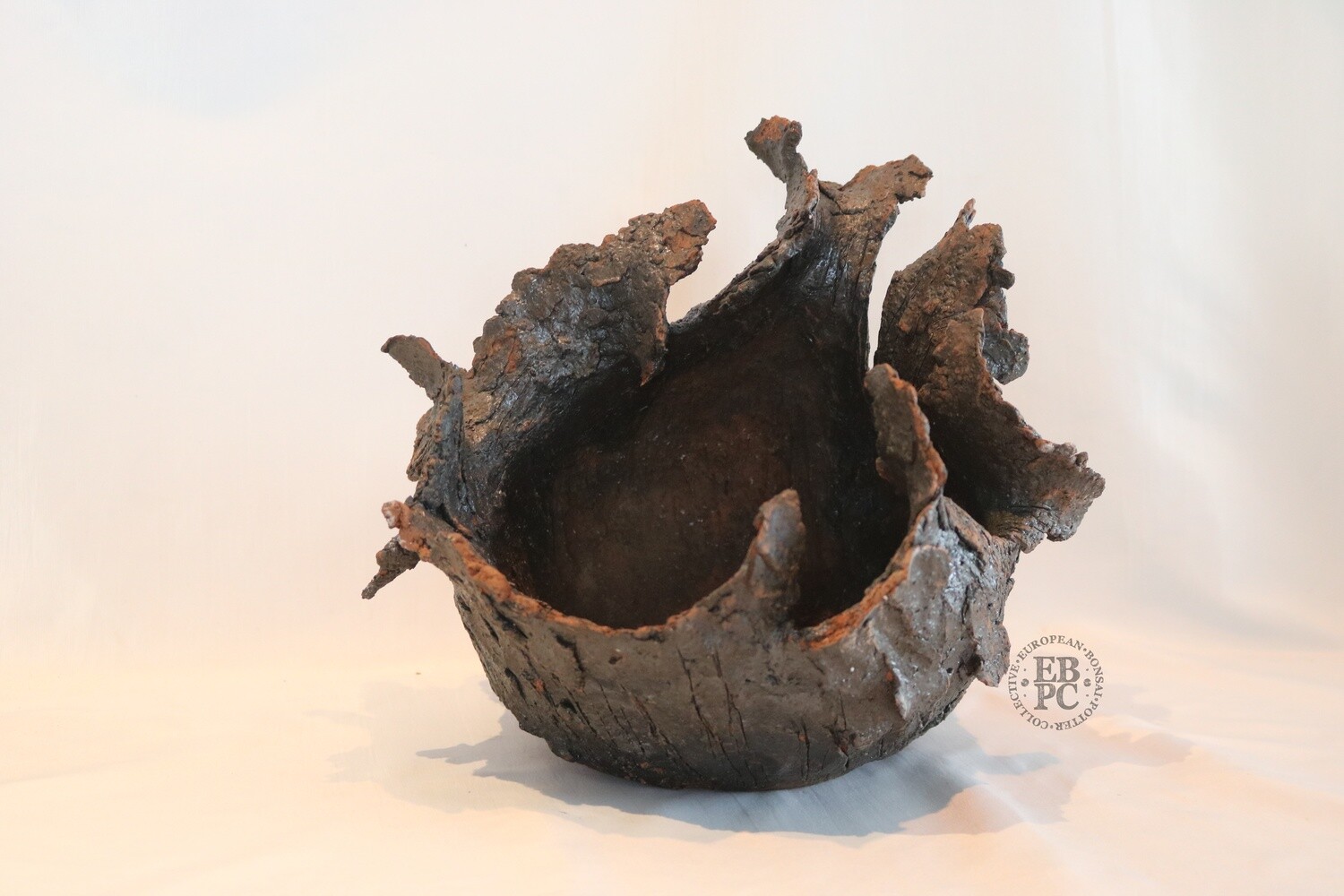 Ioannis Makris Bonsai Pots.  28cm; Freeform Bonsai Pot; Sculptural Design; Rock-like Texture; Excellent Flow; Brown Grey &amp; Rust Red Tones; Greece.