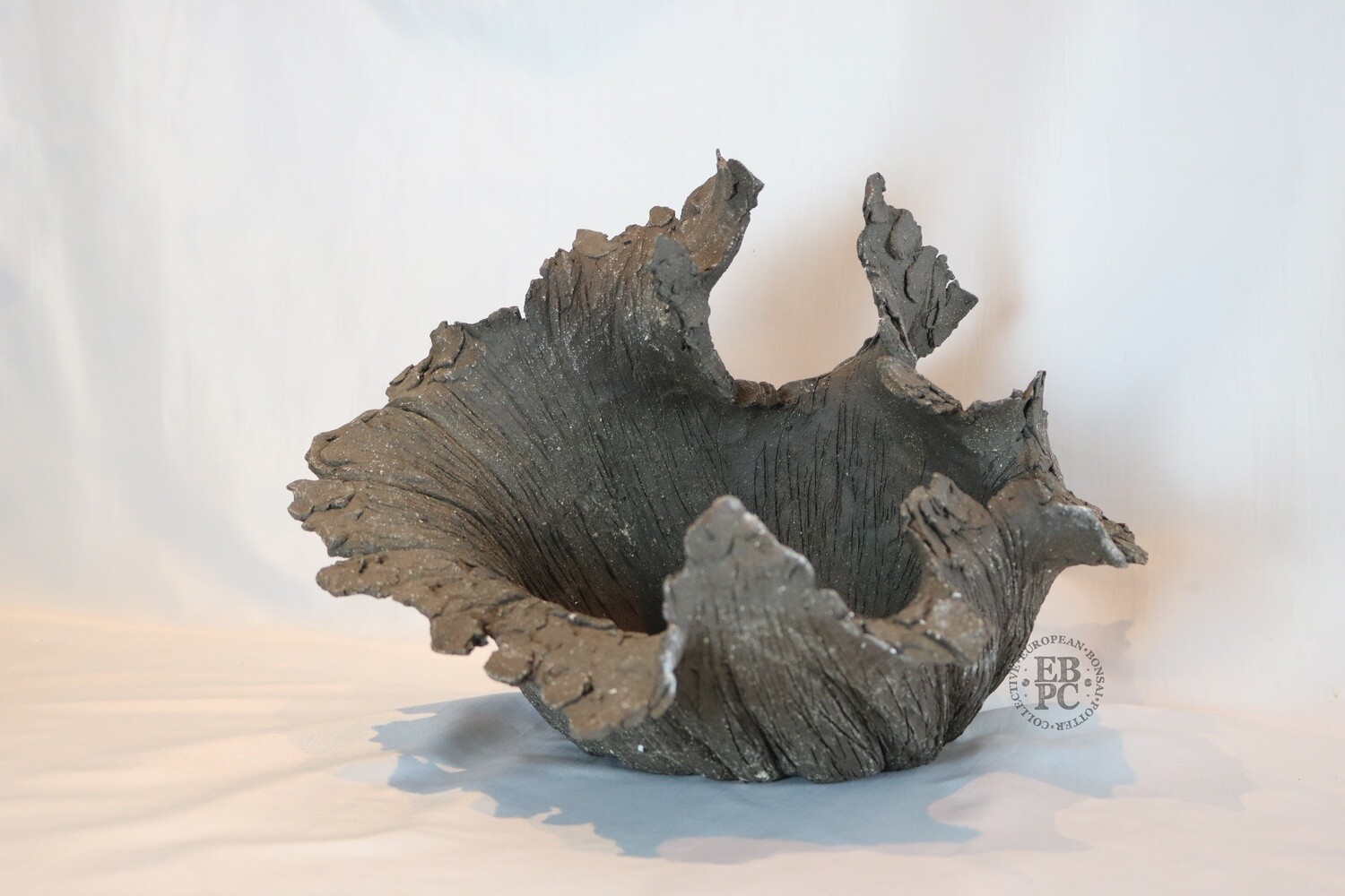 Ioannis Makris Bonsai Pots.  30cm; Freeform Bonsai Pot; Sculptural Design; Rock-like Texture; Excellent Flow; Charcoal Grey &amp; Brown Tones;