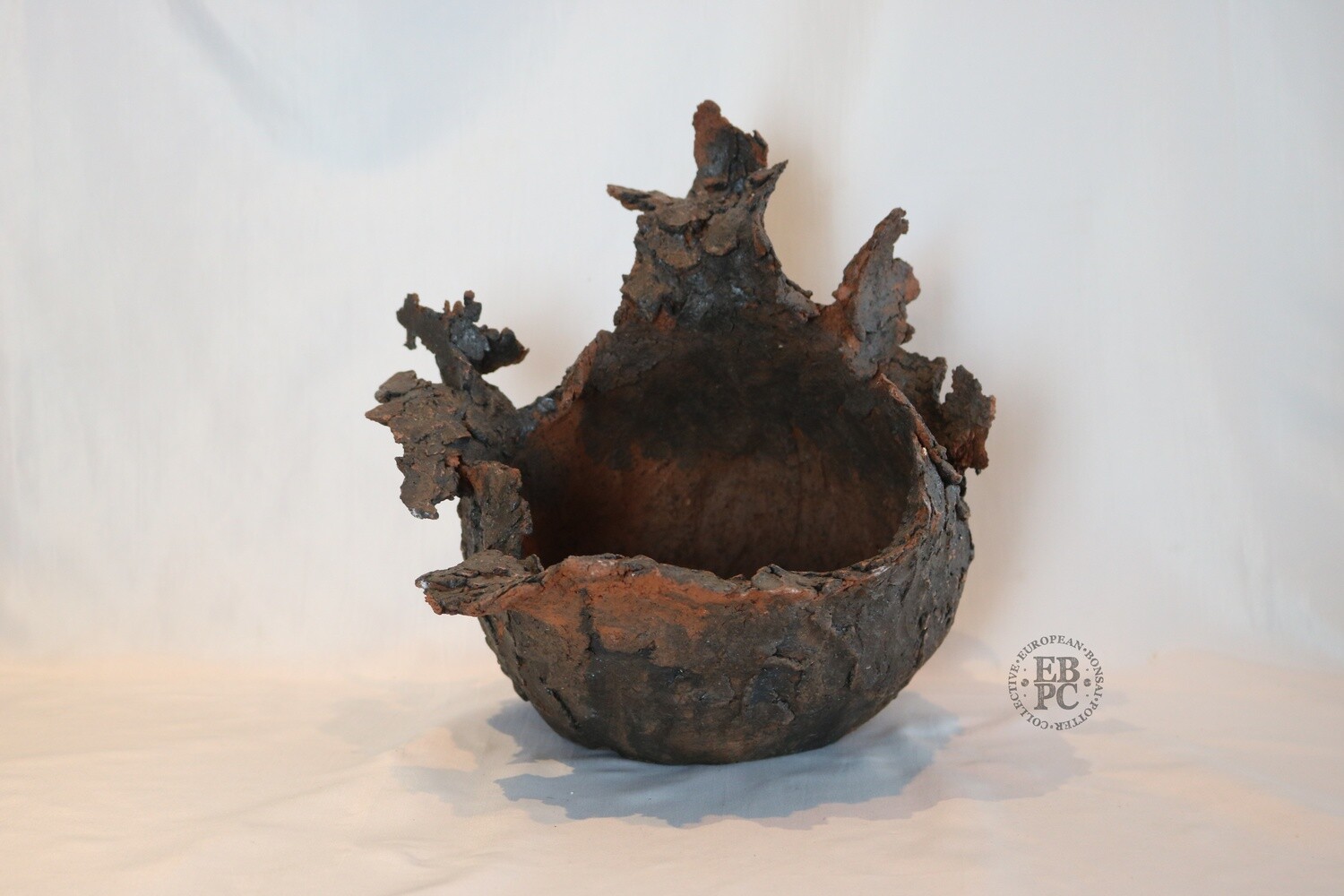 Ioannis Makris Bonsai Pots.  25.3cm; Freeform Bonsai Pot; Sculptural Design; Rock-like Texture; Excellent Flow; Brown Grey &amp; Rust Red Tones; Greece.