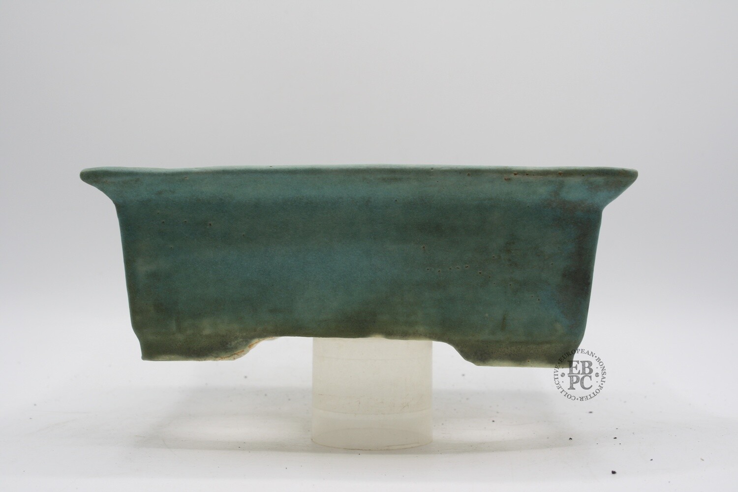 Shibusa Bonsai Pots - Italy.      19.5cm; Rectangle; White Stoneware Clay; Verde Variegated Green Glaze; EBPC Stamped.                  * EBPC-DIRECT *- Shipped by the artist. Lorenzo Penello - Italy.