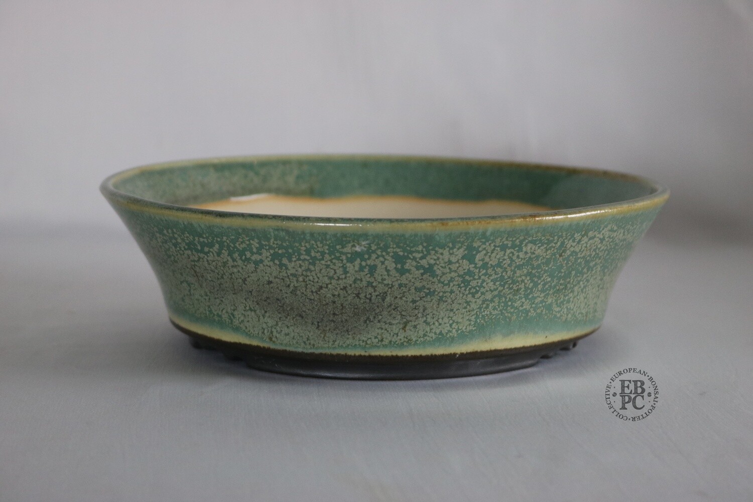 Sabine Besnard - 21.5cm; Glazed; Round; &#39;Lichen Glaze&#39;;  Greens; Browns; Crystalline Formations; EBPC Stamped;