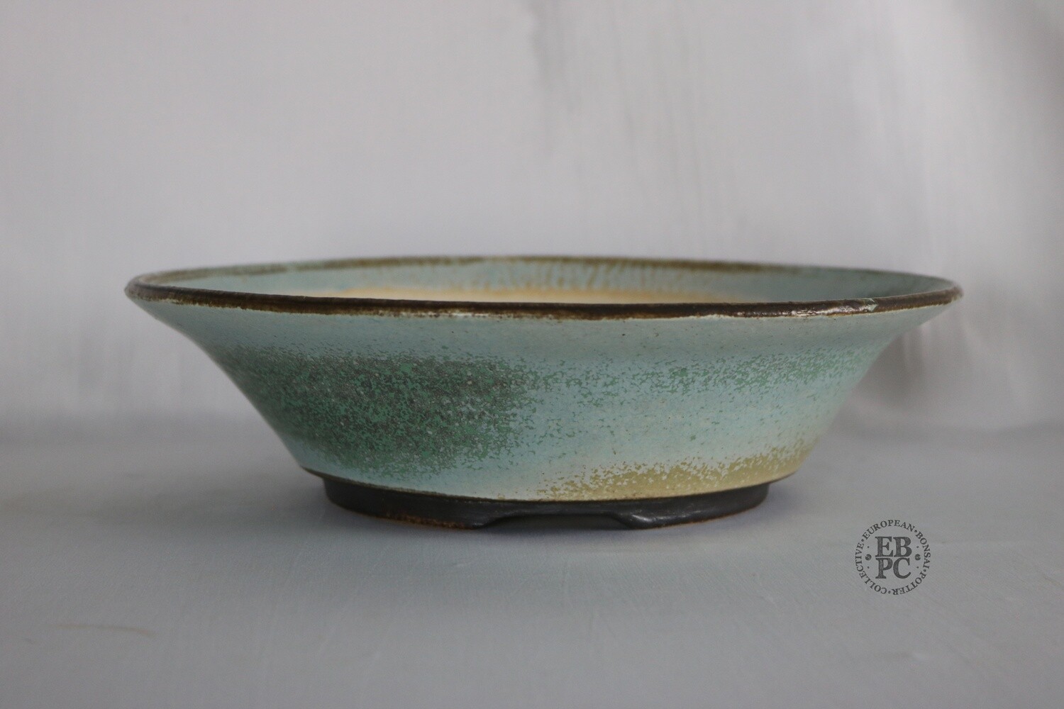 Sabine Besnard - 29.2cm; Round; &#39;Lichen Glaze&#39;; Greens; White; Yellow; Brown; Crystalline Glaze; EBPC Stamped;