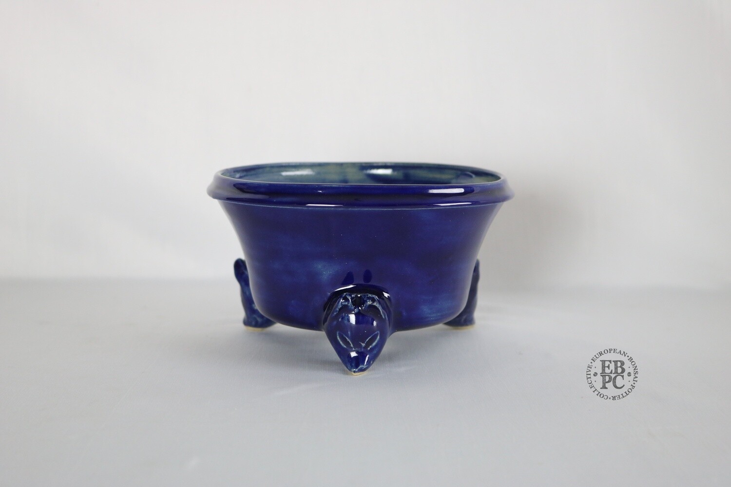 Amdouni Bonsai Pots - 15.7cm; Round; Shohin; Kitsune / Fox Theme; Excellent Ruri Glaze; Deep Blue; Sculpted Feet; Sami Amdouni.