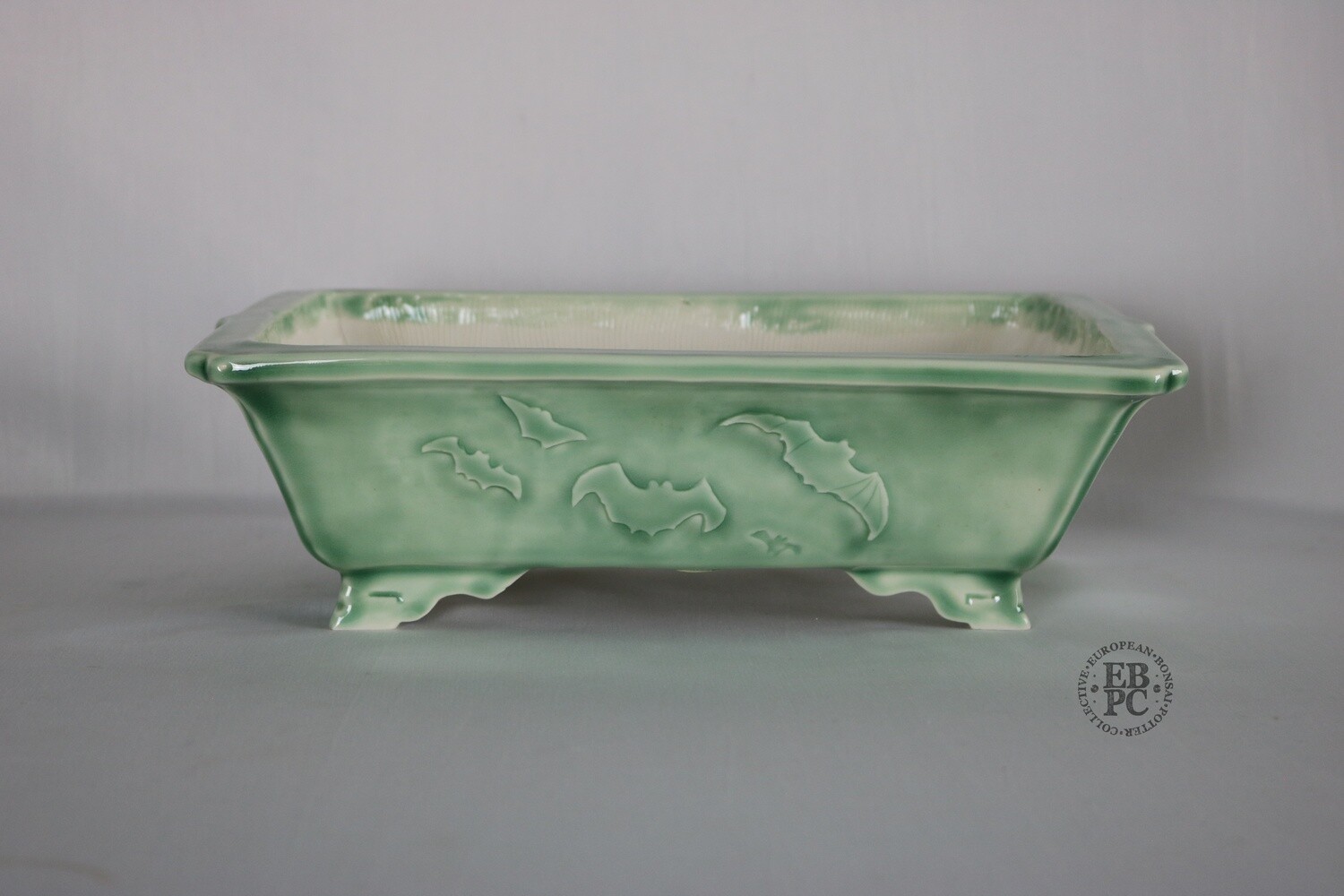Amdouni Bonsai Pots - 24.5cm; Rectangle; Carved in Relief; Bats; Celadon; Glazed; Sami Amdouni;